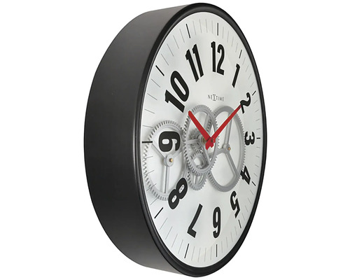Nástěnné hodiny s viditelným strojkem a černým rámem