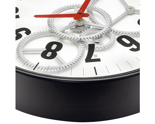 Nástěnné hodiny s otevřeným hodinovým strojkem, černým rámem a červenou ručičkou