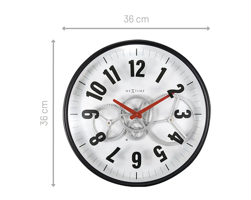 Nástěnné hodiny o průměru 36 cm s viditelným mechanismem