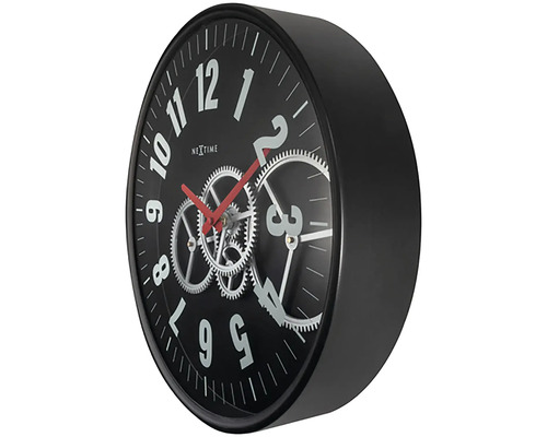Černé nástěnné hodiny s designem ozubeného kola