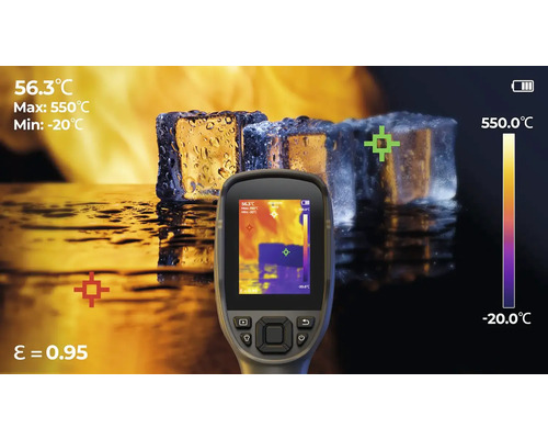 Termokamera v provozu, měřící teplotu kostek ledu a horkého povrchu.