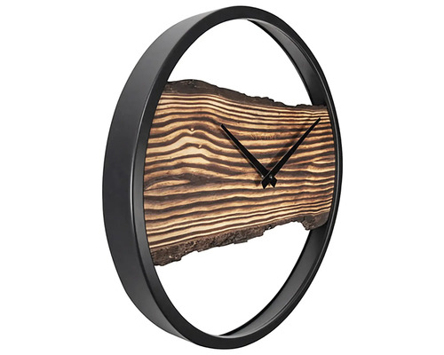 Nástěnné hodiny s dřevěným kotoučem a černým rámem