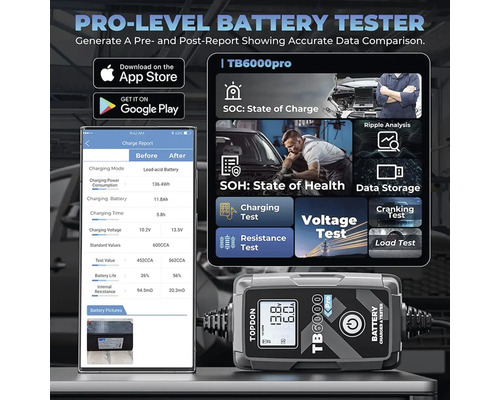 Tester baterií Topdon TB6000 Pro s funkcí aplikace pro generování zpráv před a po testování