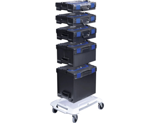 Stoh černých kufříků na nářadí s modrým akcentem na válečkové desce