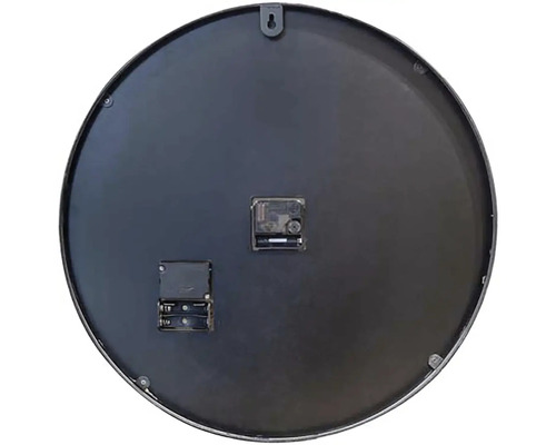 Zadní strana kulatých nástěnných hodin s prostorem pro baterie a závěsným zařízením