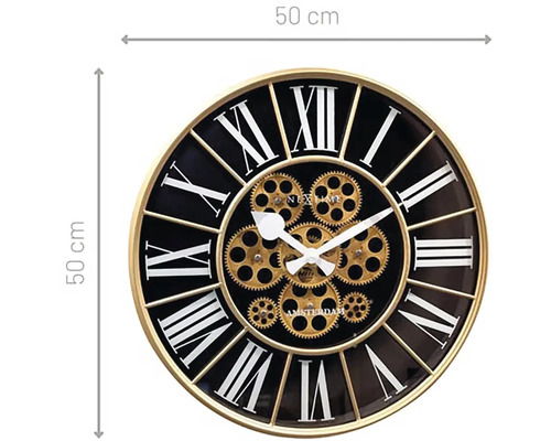 Nástěnné hodiny s římskými číslicemi a ozubenými koly, průměr 50 centimetrů