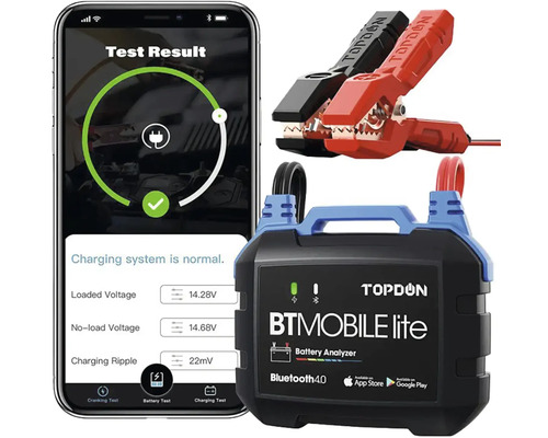 Tester baterií Topdon s aplikací pro smartphone a svorkami
