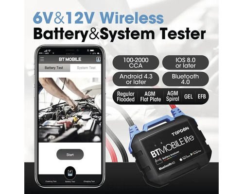 6 V a 12 V bezdrátový tester baterií a systémů s přidruženou aplikací pro chytré telefony