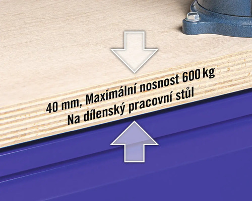 Informace o maximální nosnosti 600 kg a tloušťce desky 40 mm dílenského pracovního stolu