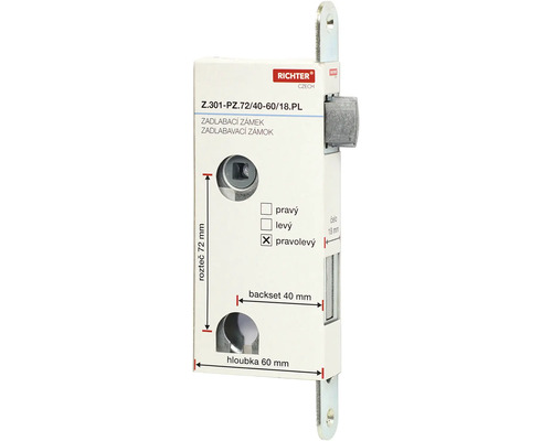 Zadlabací zámek Richter o rozměrech 72 mm, 40 mm, 60 mm a 18 mm