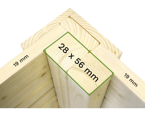 Detail rohu ze dřeva s rozměry 28 x 56 milimetrů a 19 milimetrů