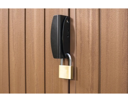 Detailní pohled na zahradní dveře s černým zámkem a visacím zámkem.