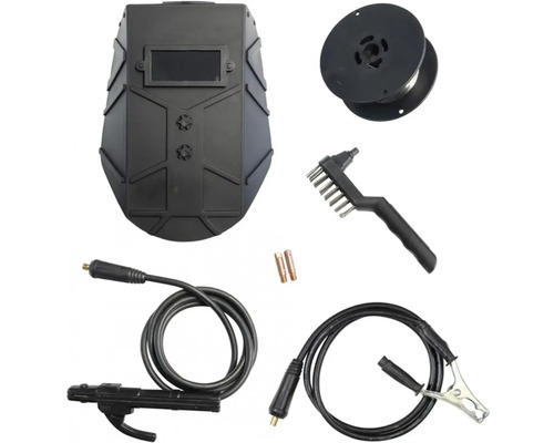 Svařovací souprava se svařovací helmou, drátěným kartáčem, cívkou svařovacího drátu a příslušenstvím