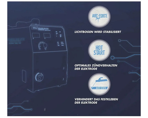 Zobrazení funkcí svařovacího zařízení: Stabilizace oblouku, funkce horkého startu a funkce proti lepení.