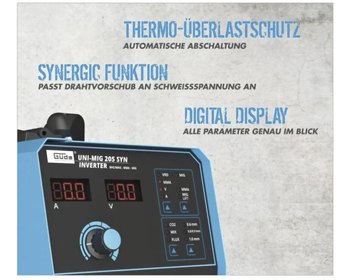 Svářečka Güde Uni-MIG 205 SYN Inverter s digitálním displejem, ochranou proti přetížení a synergickou funkcí