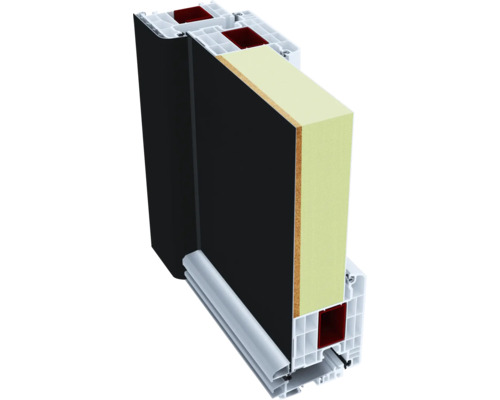 Průřez dveřmi s plastovým rámem, izolací a výplní