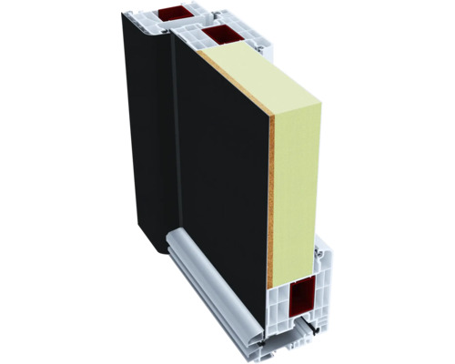 Průřez dveřmi s plastovým rámem a izolačním materiálem