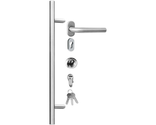 Souprava nerezového kování dveří s klikou, zámkem, vložkou a klíči