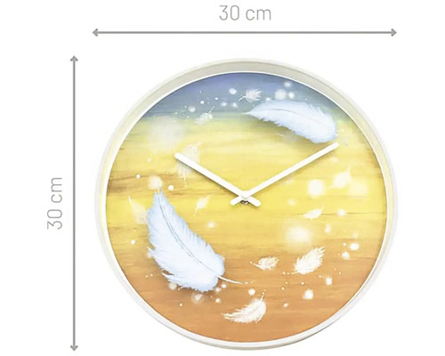 Kulaté nástěnné hodiny, průměr 30 cm, s motivem peří