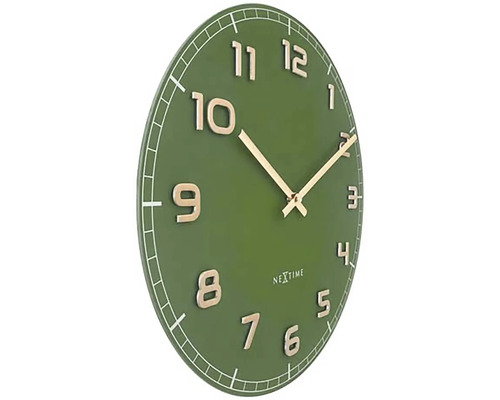 Nástěnné hodiny Nextime, kulaté zelené hodiny se zlatými ručičkami a číslicemi