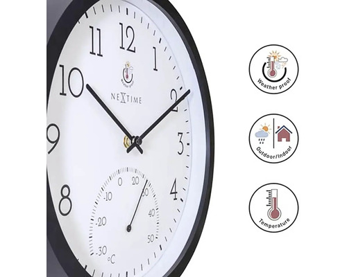 Nástěnné hodiny s teploměrem pro vnitřní i venkovní použití a symboly pro odolnost proti povětrnostním vlivům a zobrazení teploty