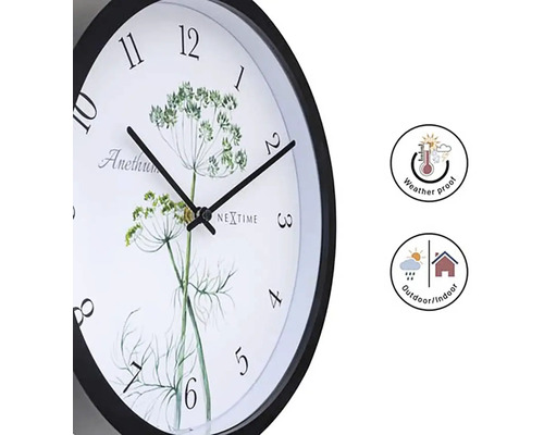 Nástěnné hodiny s rostlinným motivem, odolné proti povětrnostním vlivům a vhodné pro vnitřní i venkovní použití