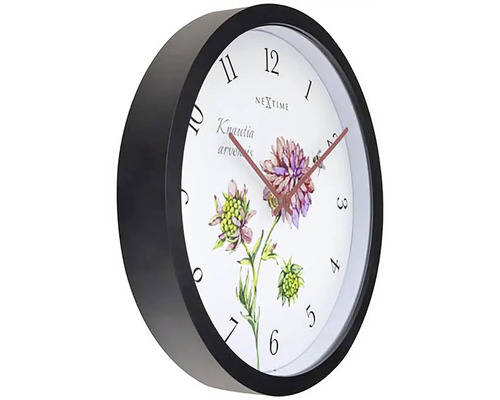 Nástěnné hodiny Nextime s květinovým vzorem a černým rámem