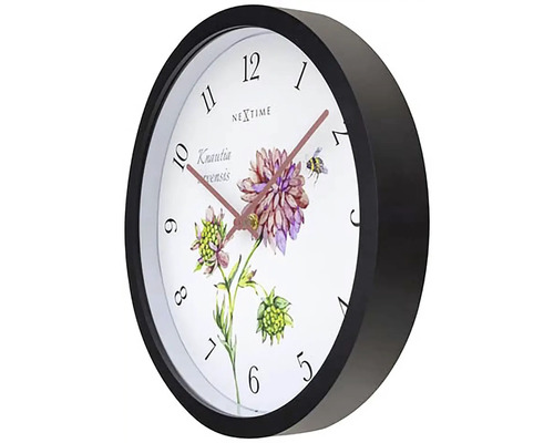 Nástěnné hodiny Nextime s květinovým motivem a černým rámem