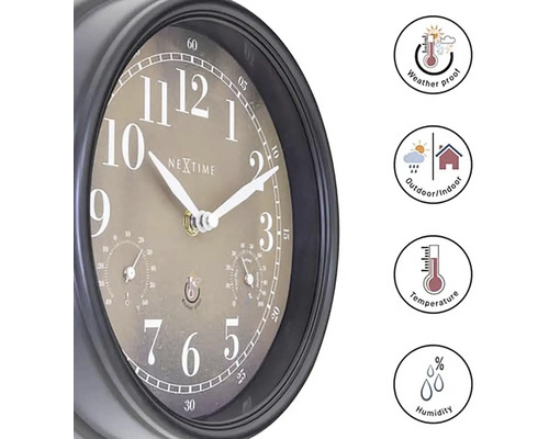 Nástěnné hodiny Nextime s teploměrem a vlhkoměrem, odolné proti povětrnostním vlivům