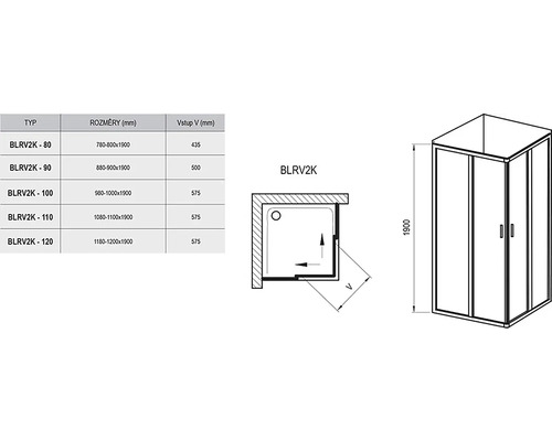 Technický nákres sprchového koutu s rozměry