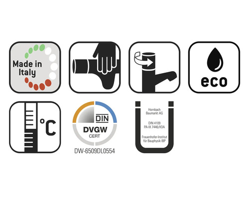 Symbol Vyrobeno v Itálii, symbol montážního návodu, symbol funkce úspory vody, symbol Eco, symbol teplotního rozsahu, značka DIN DVGW CERT, logo Hornbach Baumarkt AG