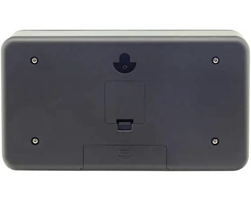 Zadní strana obdélníkového pouzdra se šrouby, závěsem a prostorem pro baterie