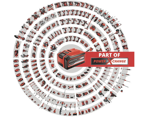 Baterie ve středu kruhu, obklopená různým nářadím jako součást řady Power X-Change.