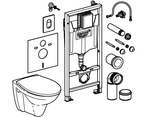 Kompletní sanitární instalace s nástěnným WC, splachovací nádržkou a montážním prvkem