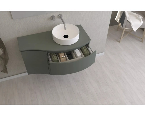 Umyvadlová skříňka se zásuvkou, umyvadlo na desku a vodovodní baterie v koupelně