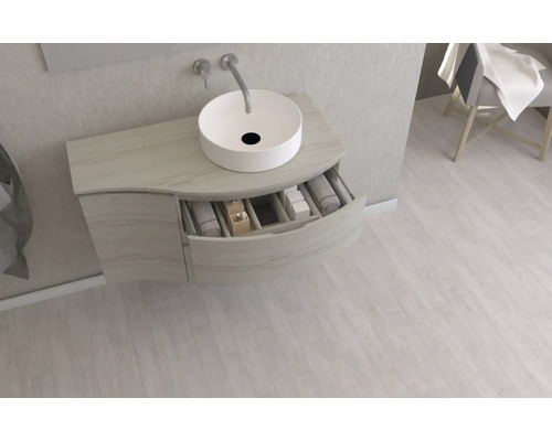 Umyvadlová skříňka s umyvadlem na desku a zásuvkou v koupelně