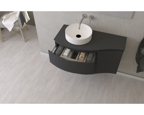 Skříňka pod umyvadlo s otevřenou zásuvkou a umyvadlem na desku