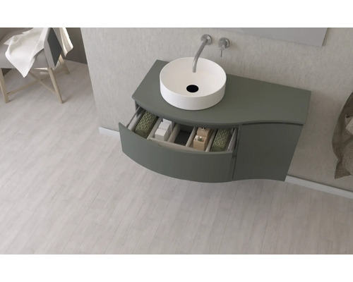 Skříňka pod umyvadlo s otevřenou zásuvkou a umyvadlem na desku