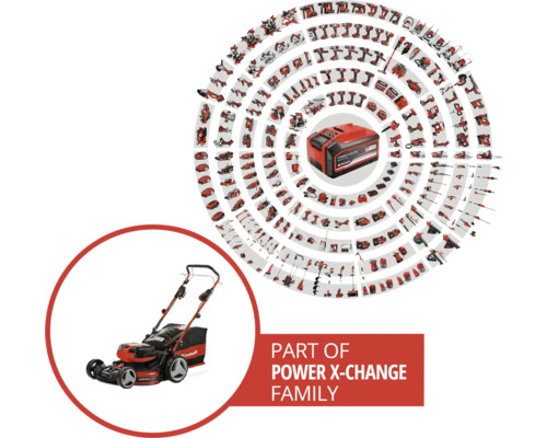 Řada akumulátorů Einhell Power X-Change se sekačkou na trávu a nářadím