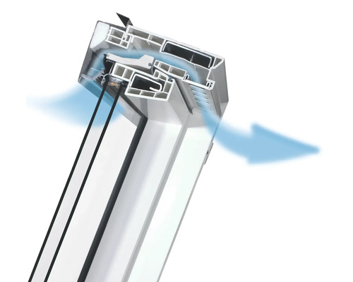 Řez střešním oknem s ventilačním systémem