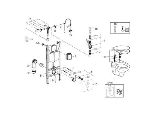 Rozkreslený nákres instalačního systému WC s nádržkou a ovládací deskou a souvisejícími připojovacími a upevňovacími prvky.