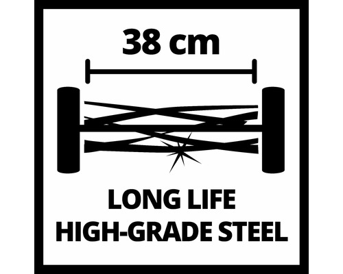 Symbol sekačky na trávu s šířkou záběru 38 cm z vysoce kvalitní oceli pro dlouhou životnost.