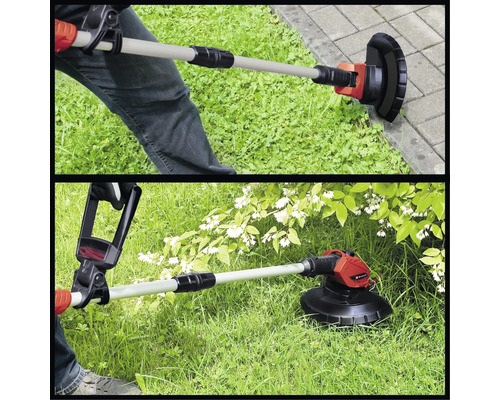 Dvoudílný obrázek osoby sekačky trávu a okraje trávníku pomocí vyžínače.
