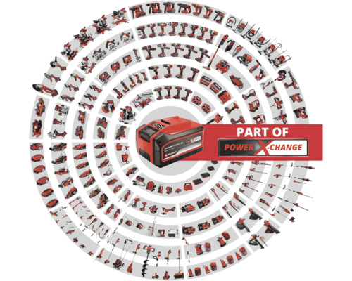 Baterie Einhell obklopená různými nástroji systému Power X-Change.
