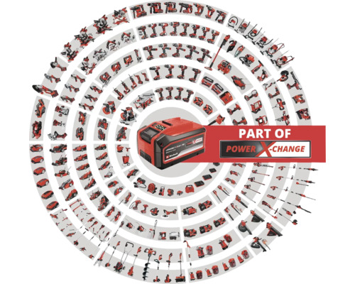 Baterie Einhell Power X-Change obklopená kompatibilním nářadím a zahradní technikou