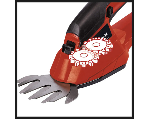 Detailní záběr akumulátorových nůžek na trávu s protiběžnými noži.