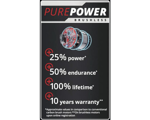 Informace o produktu Purepower Brushless s podrobnostmi o výkonu, životnosti a záruce
