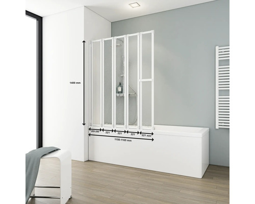 Vanová zástěna s rozměry zobrazenými na vaně