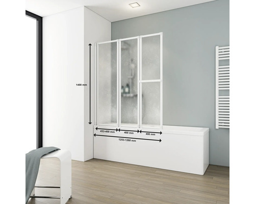 Vanová zástěna se třemi prvky a rozměry v koupelně