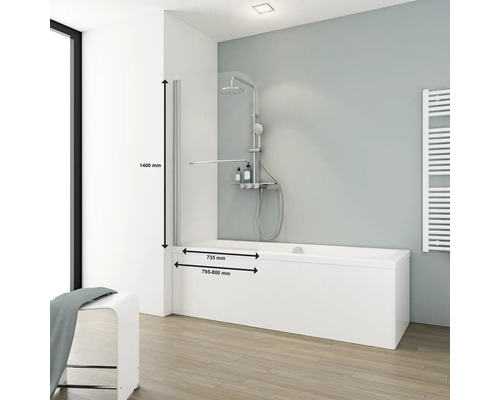 Koupelna s vanovou zástěnou, sprchovou baterií a rozměry.